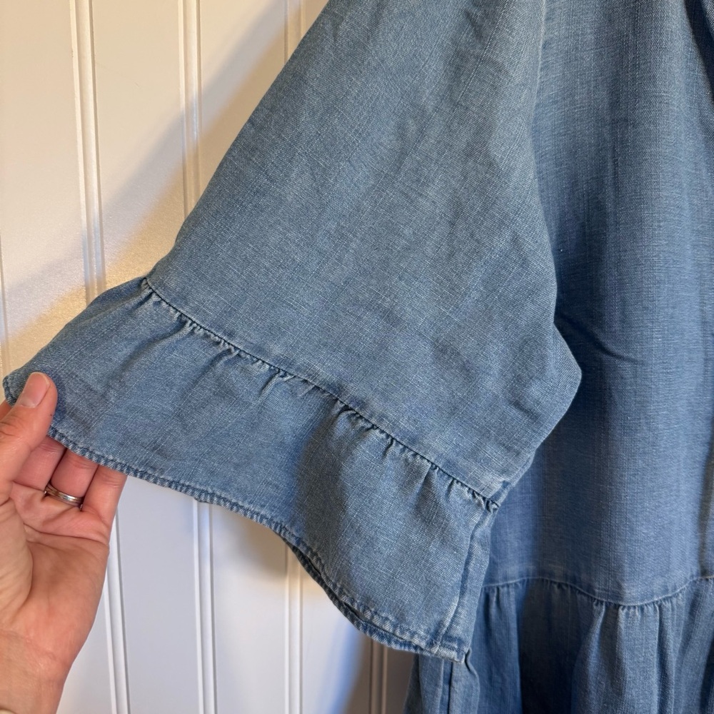 LOFT Linen Blend Blue Denim Tiered Short Sleeve Dress Size Large - Picture 3 of 9